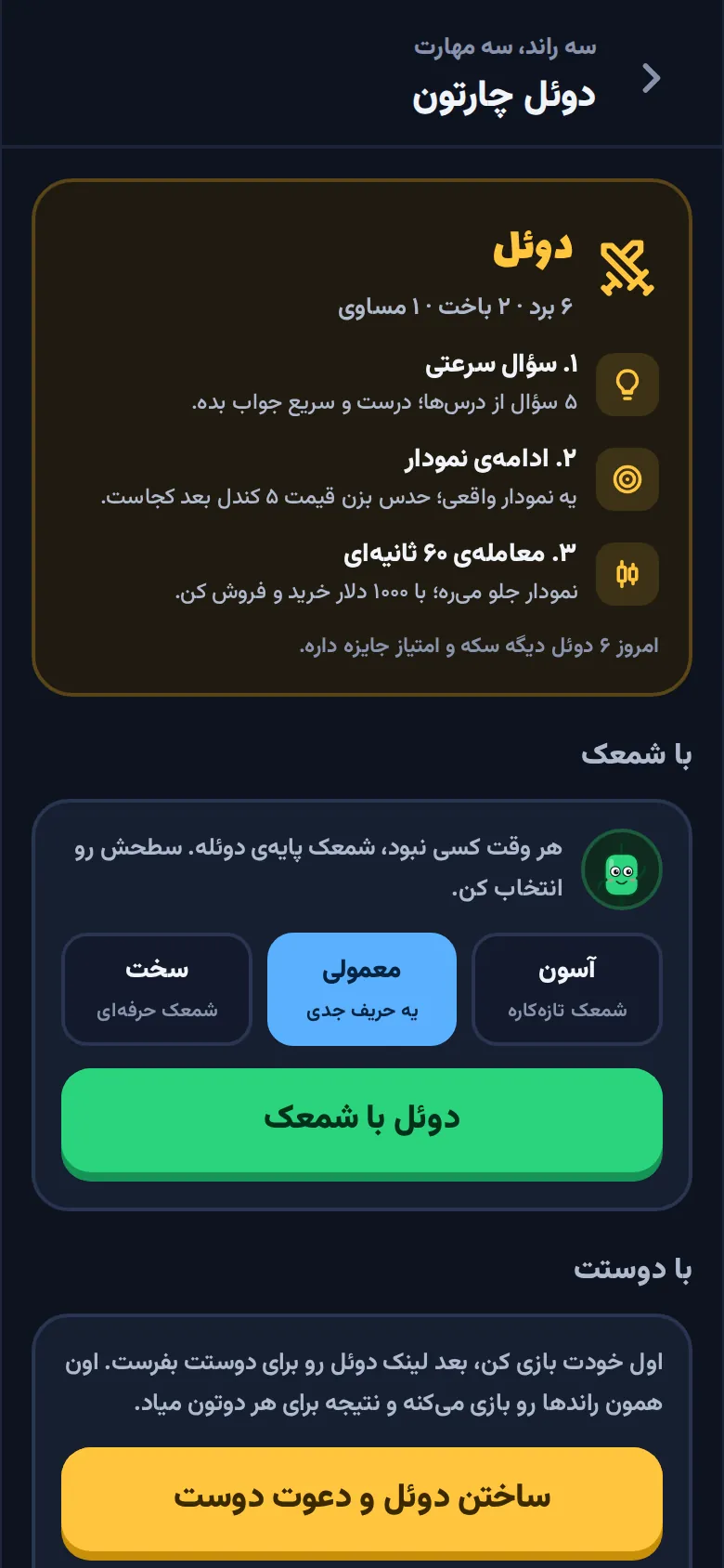 صفحهی دوئل چارتون با سه راند، انتخاب سطح شمعک و دکمهی ساختن دوئل و دعوت دوست.